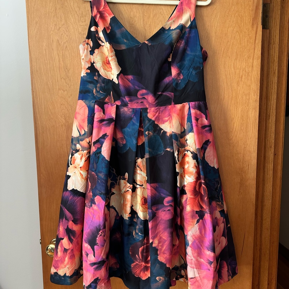 City Chic Sleeveless Floral Fit-and-Flare Mini Dress in Black and Rose - Picture 3 of 6